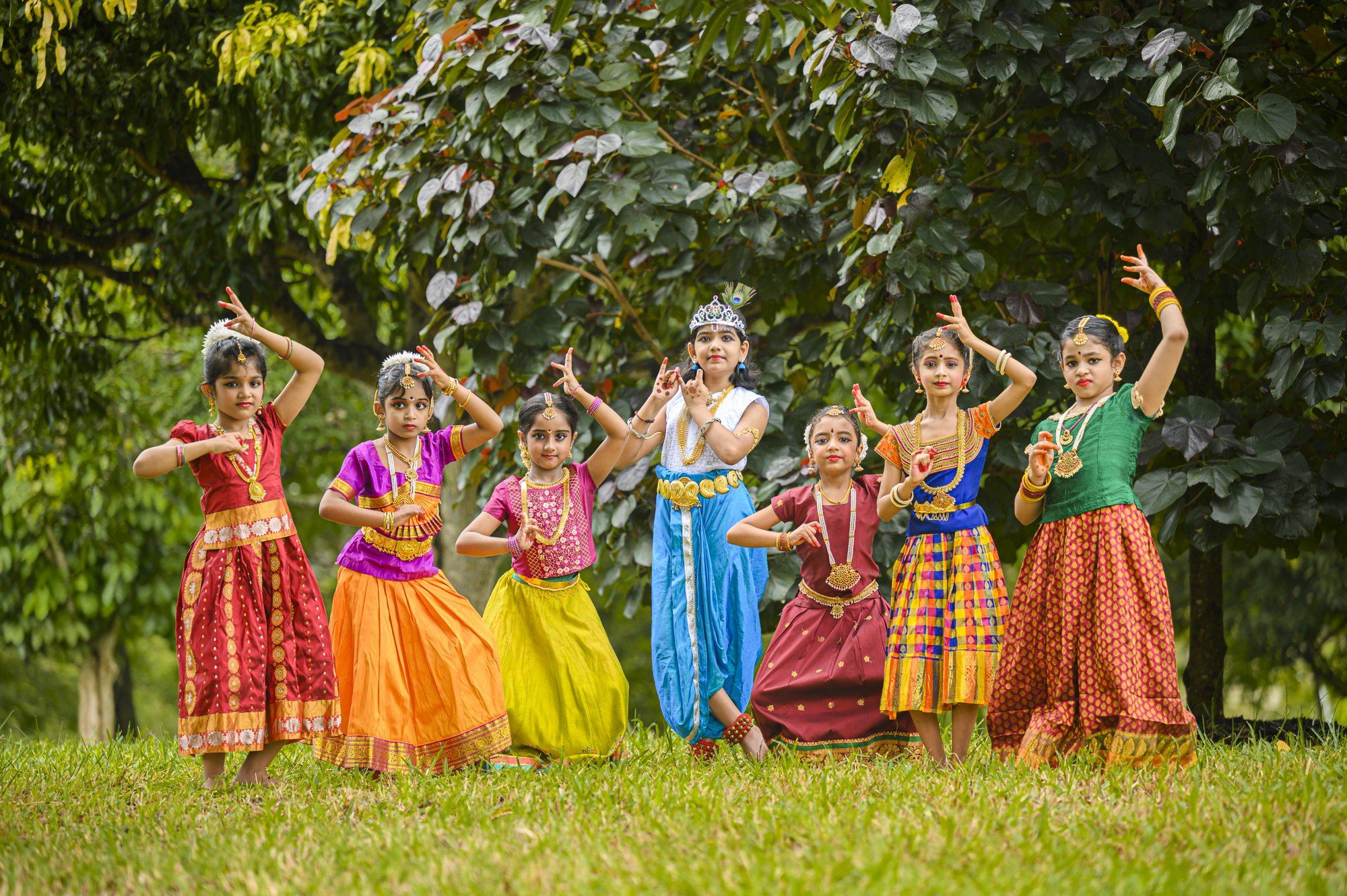 Seven young students in colourful costumes posing together on the lawn